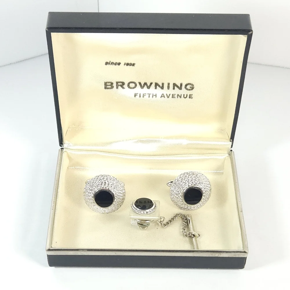 Vintage Swank Silver & Black Onyx Cuff Link Tie Lapel Pin Browning Fifth Avenue